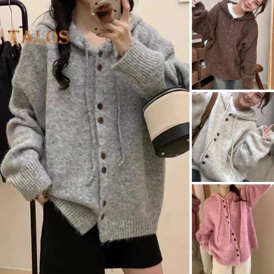 Női pulóver kabát kapucnis húzózsinór hosszú ujjú kötőkabát egyszínű gombok záródás alkalmi kötés felsőruházat