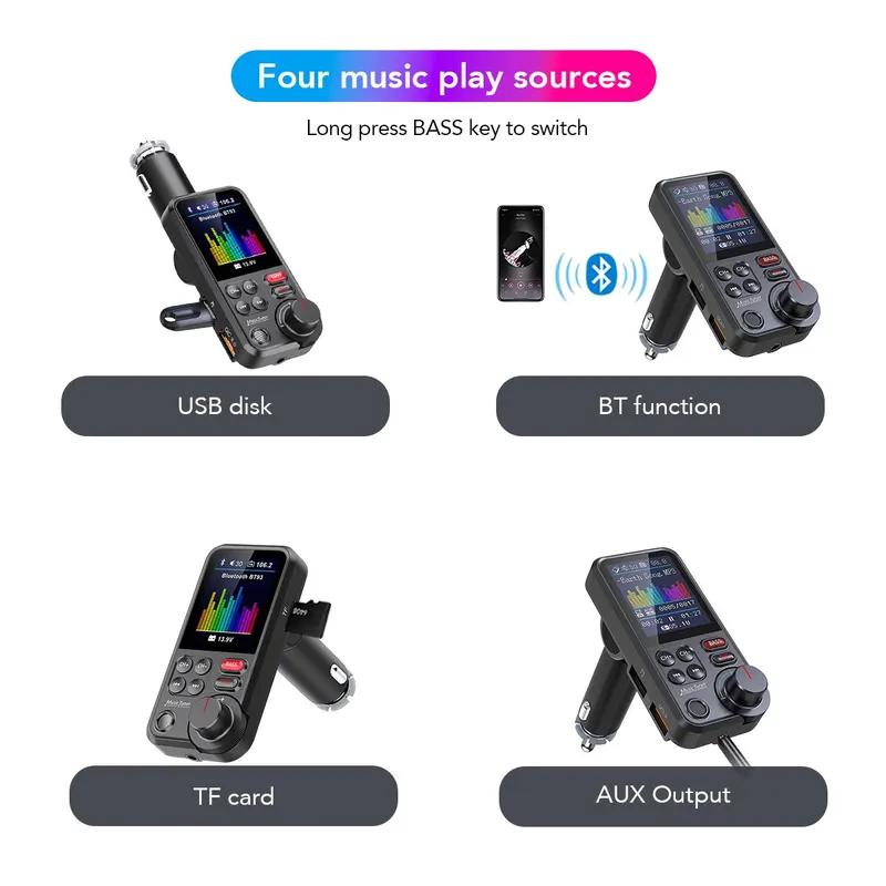 LANGJING 1.8 Inch Wireless Car Bluetooth FM Transmitter Aux Supports QC3.0 Charging Treble and Bass Sound Music Player