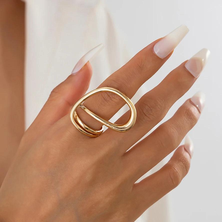 Punk Irregular Metal Line Rings for Women Men Gold Copper Color Geometric Hollow Circular Adjustable Finger Knuckle Ring Zircon