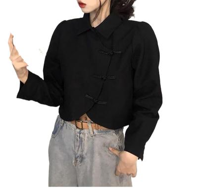 L-Stoppastow Women's Chinese Blouse, Spring/Autumn, Long Sleeve Top, Short Length, Chinese Style, Solid Color, Black with Chinese Buttons