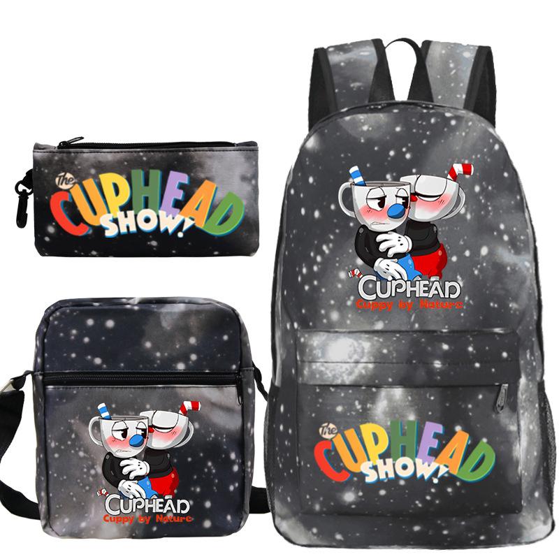 Cartoon Teacup Head Cuphead Student School Bag Backpack Three-piece Set Children's Shoulder Bag Pencil Bag