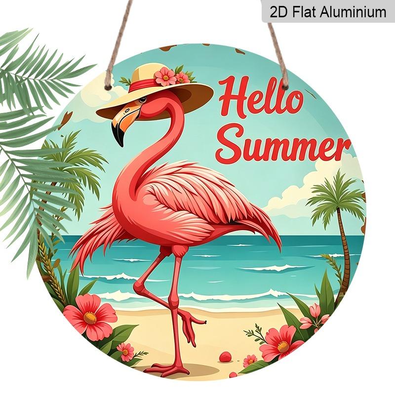 2D Flache Aluminium-Dekoschilder und -Plaketten im Sommer-Thema in verschiedenen Größen. Wanddekorationen mit Flamingomuster und Sonnenhüten, Sommer-Bauernhaus-Stil