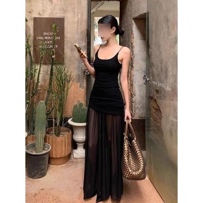 Wind Mesh Stitching Sexy Suspender Dress Women's Summer Temperament Waist Thin Black Long Skirt