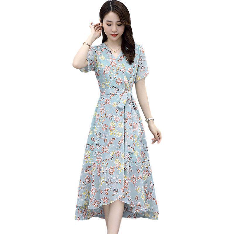 Plus Size Women's Floral V-Neck Tie-Waist A-Line Summer Dress with Irregular Hem