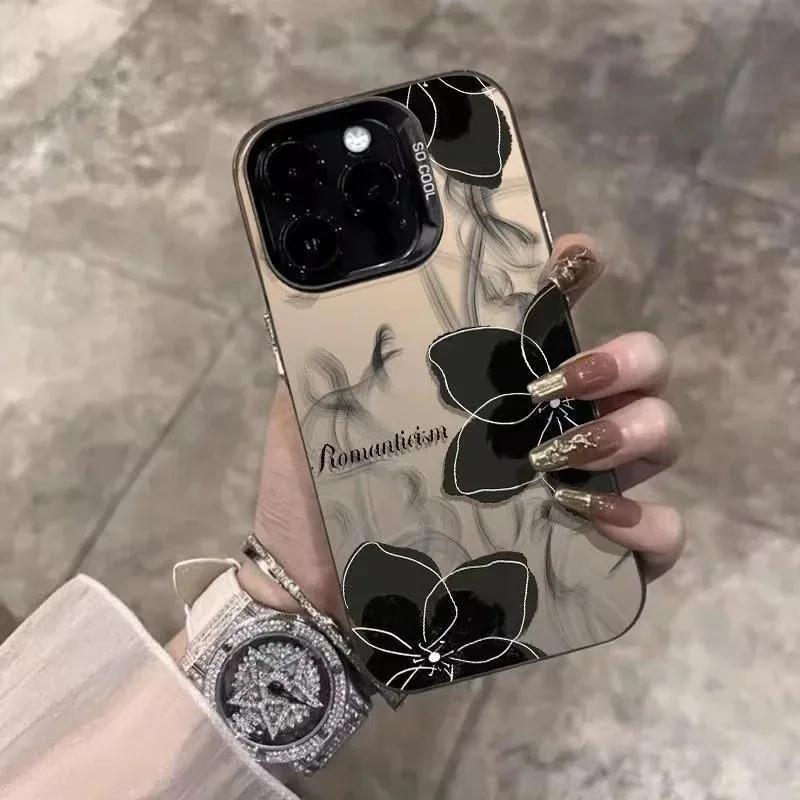 Vintage schwarzes Blumenmuster Handyhülle Für iPhone 17 11 13 12 Pro Max 16E 16 15 14 Plus Bunt Silber lMDStoßfeste Rückseite Handyhülle