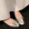 French Elegant Mary Jane Shoes Women's New Bow Leather Medium Thick Heel Silver Single Shoes