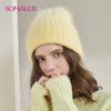 SOMALER Winter Cuff Beanie Angola Rabbit Fur Hats for Women Candy-colored Ski Cap