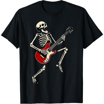 RUJUNMAN Funny Skeleton Guitarist Tee Rock Music Lover Gifts Halloween Punk Band T-Shirt for Men Women