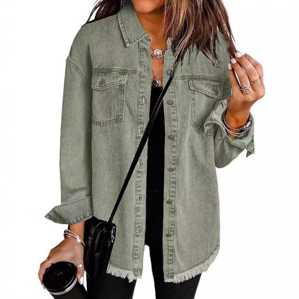 Women's Frayed Hem Denim Shirt Jacket - European & American Street Style for Autumn/Winter.