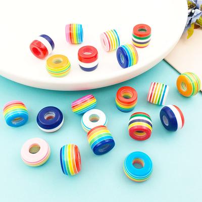 Stripe Resin Large Hole Round Beads DIY Bracelet Interval Beads 10pcs 8*14mm Acrylic Rainbow Loose Beads Seven-Color  Beads