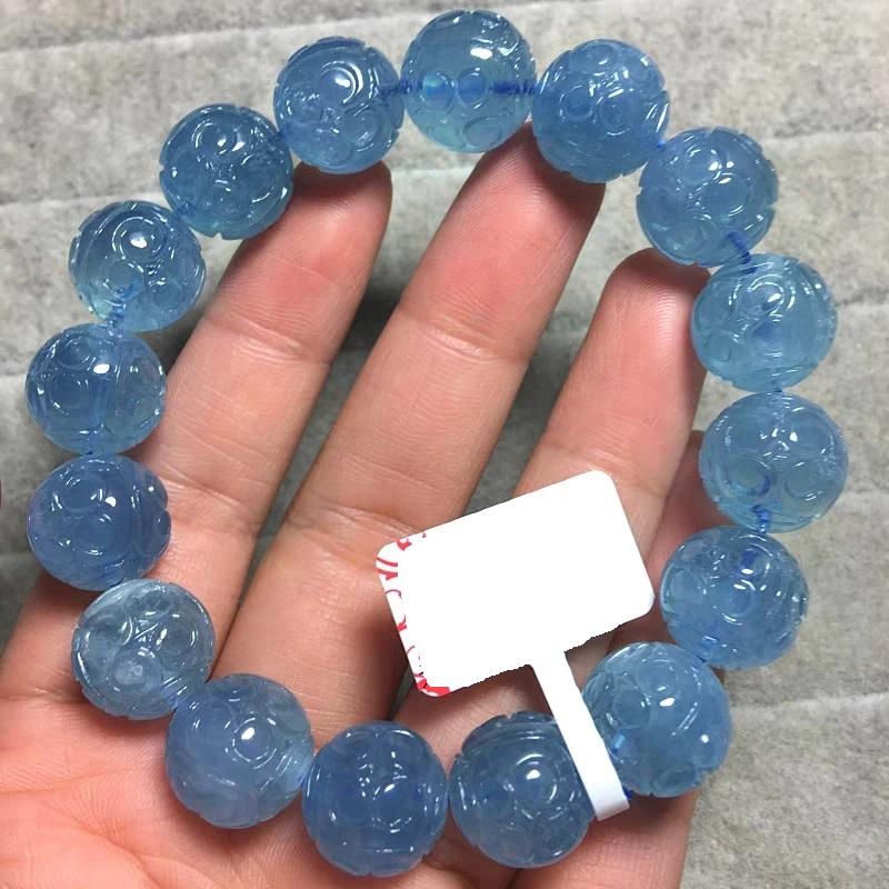 12mm Natural Blue Aquamarine Carved Beads Bracelet Women Men Healing Crystal Brazil Aquamarine Bracelet Jewelry AAAAAA