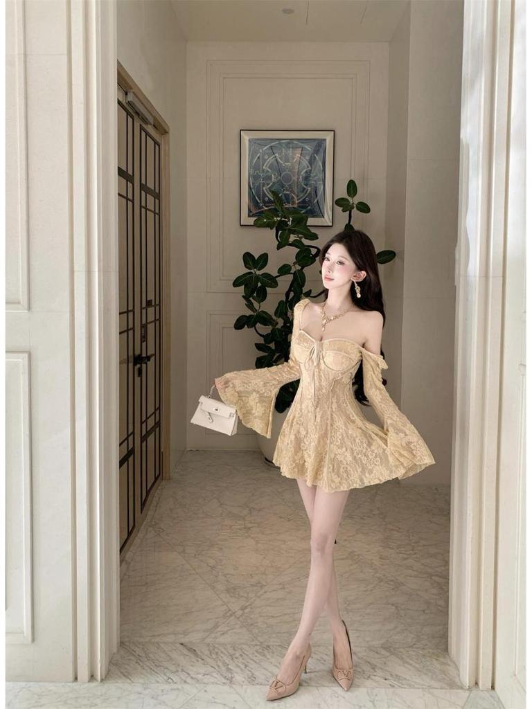 Pure Desire Lace Embroidery Square Neck Long Sleeve Short Dress - Perfect for Birthdays and Dates!