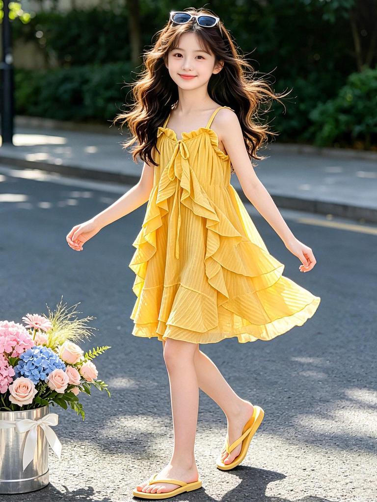 Girls' Ruffle Strappy Summer Lace Dress, 2026 New Arrivals - Princess Style Beach Vacation Dress for Middle and Older Children