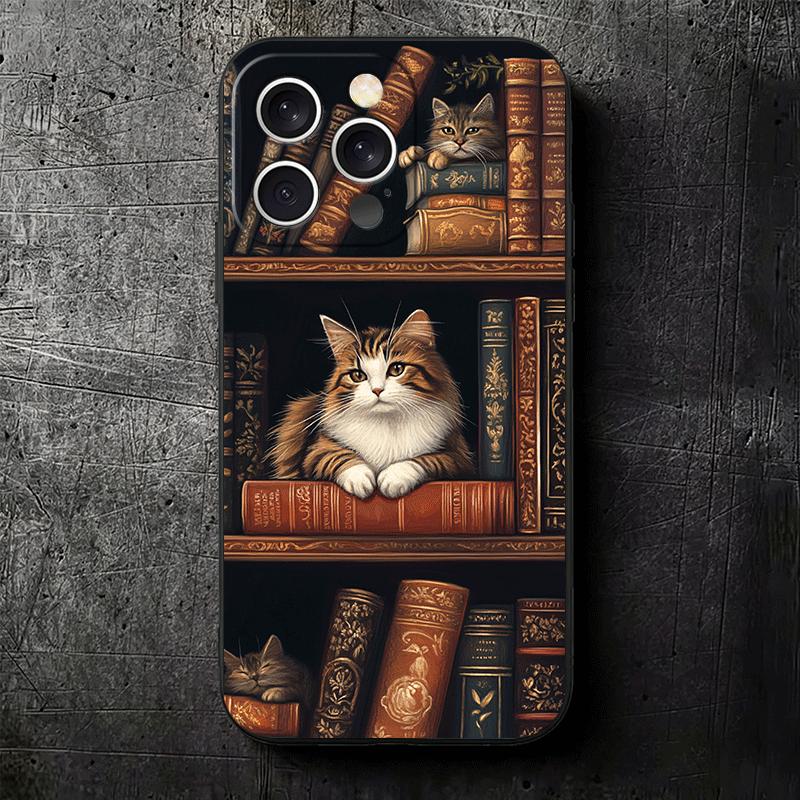 Cute Cat Bookshelf Interesting Soft Phone Case for iPhone 16 16E 17 Air 15 Pro Max 14 Plus 13 Mini 11 12 7 Black Cover Back Shel
