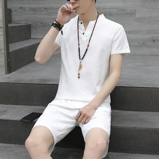2Pcs/Set Men's Casual Cotton Linen Summer Suit Short Sleeve Button-Down Stylish Men's Suit Streetwear