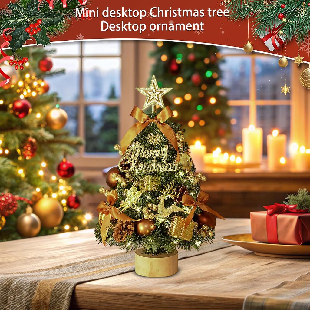 Desktop Christmas Tree, 18'' Table Top Christmas Tree With Wooden Base, Prelit Christmas Tree With Decorations For Indoor