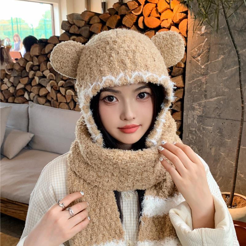 Winter cute bear plush all-in-one hat women's outdoor thermal scarf hat two-piece set student ear protector pullover hat