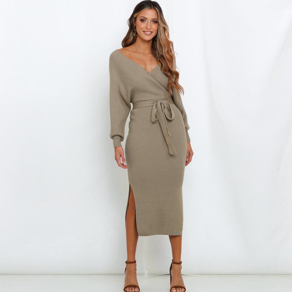 European and American sexy style autumn and winter hip-wrapped tight split-ended long dress off-the-shoulder crossed V-neck lace-up waist knitted dres