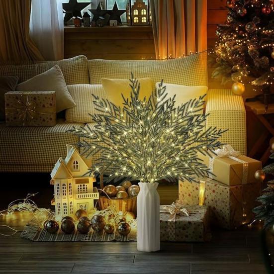 10 Pcs Lighted Christmas Norfolk Pine Branches Pre-Lit Artificial Pine Stems for DIY Wreaths Vase Fillers Indoor Outdoor Decor