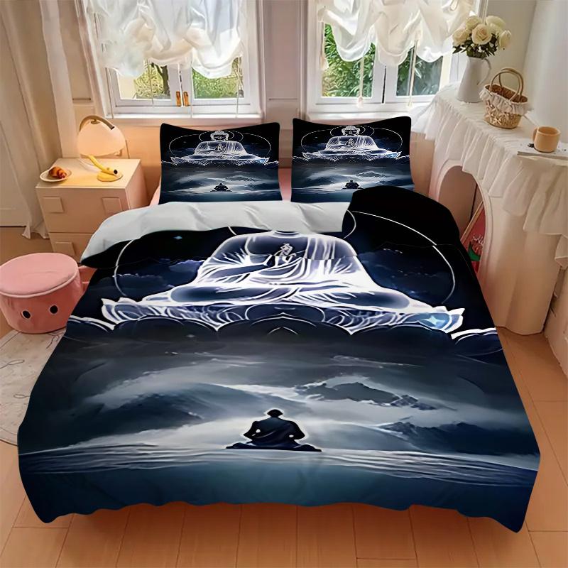 Juego de Funda Nórdica de 3 Piezas con Estatua de Buda con Una Funda Nórdica y Dos Fundas de Almohada (Sin núcleo) - Diseño de Dibujos Animados de Anime, Perfecto para Decoración de Dormitorio y Habitación de Invitados