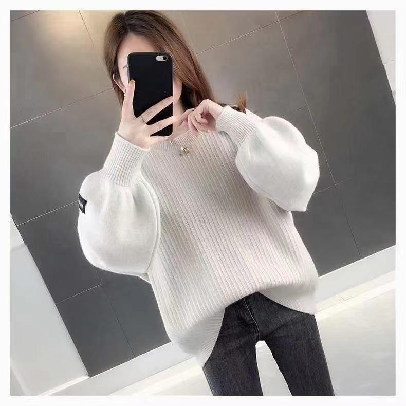 Fehér mohair vastag garbós pulóver őszi tél édes divat lámpás ujjú alkalmi tömör