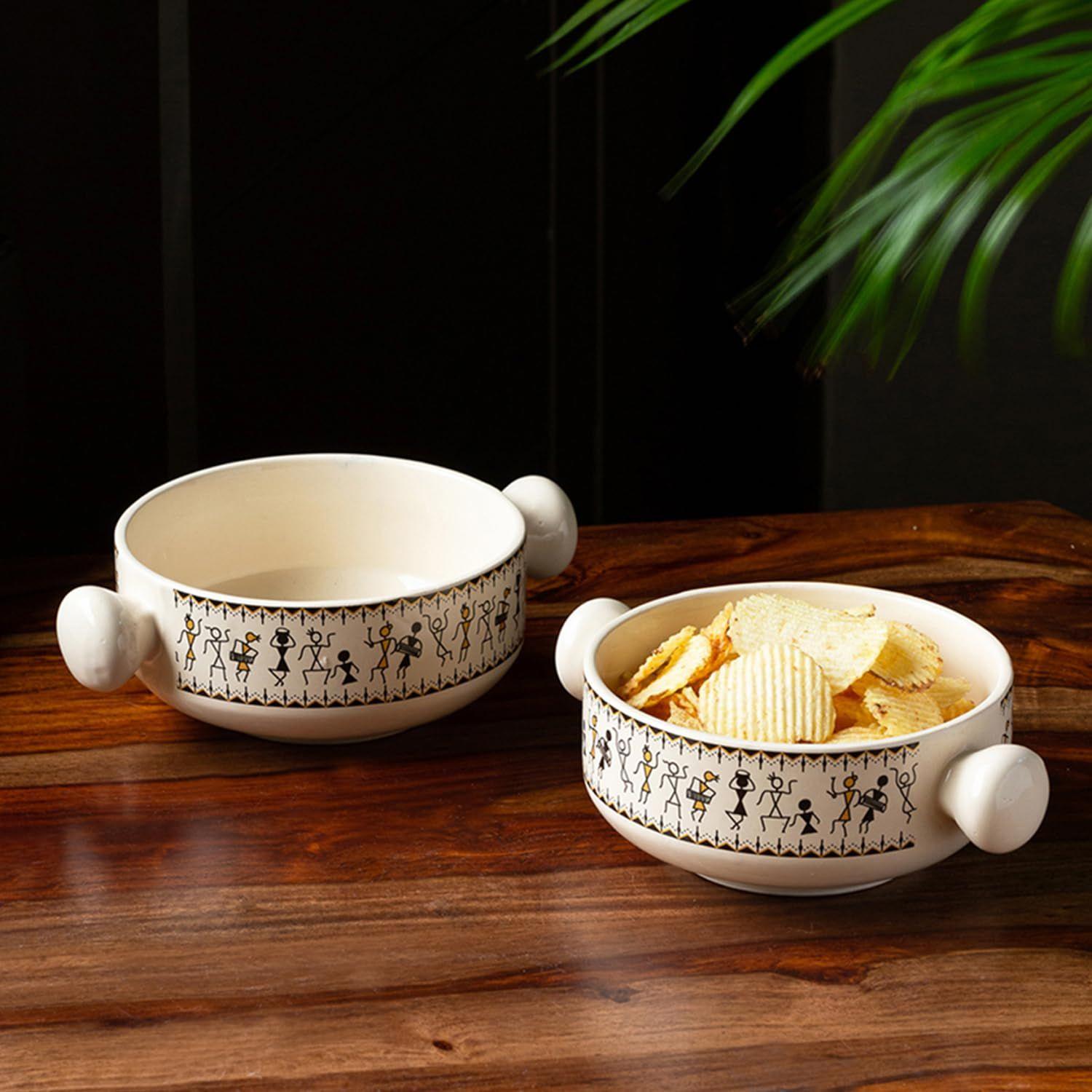 

Керамические миски Шепот Варли для сервировки Набор мисок Миска для закусок Набор мисок (2 штуки, 400 мл) | Расписанный вручную Безопасный для микроволновой печи Бо