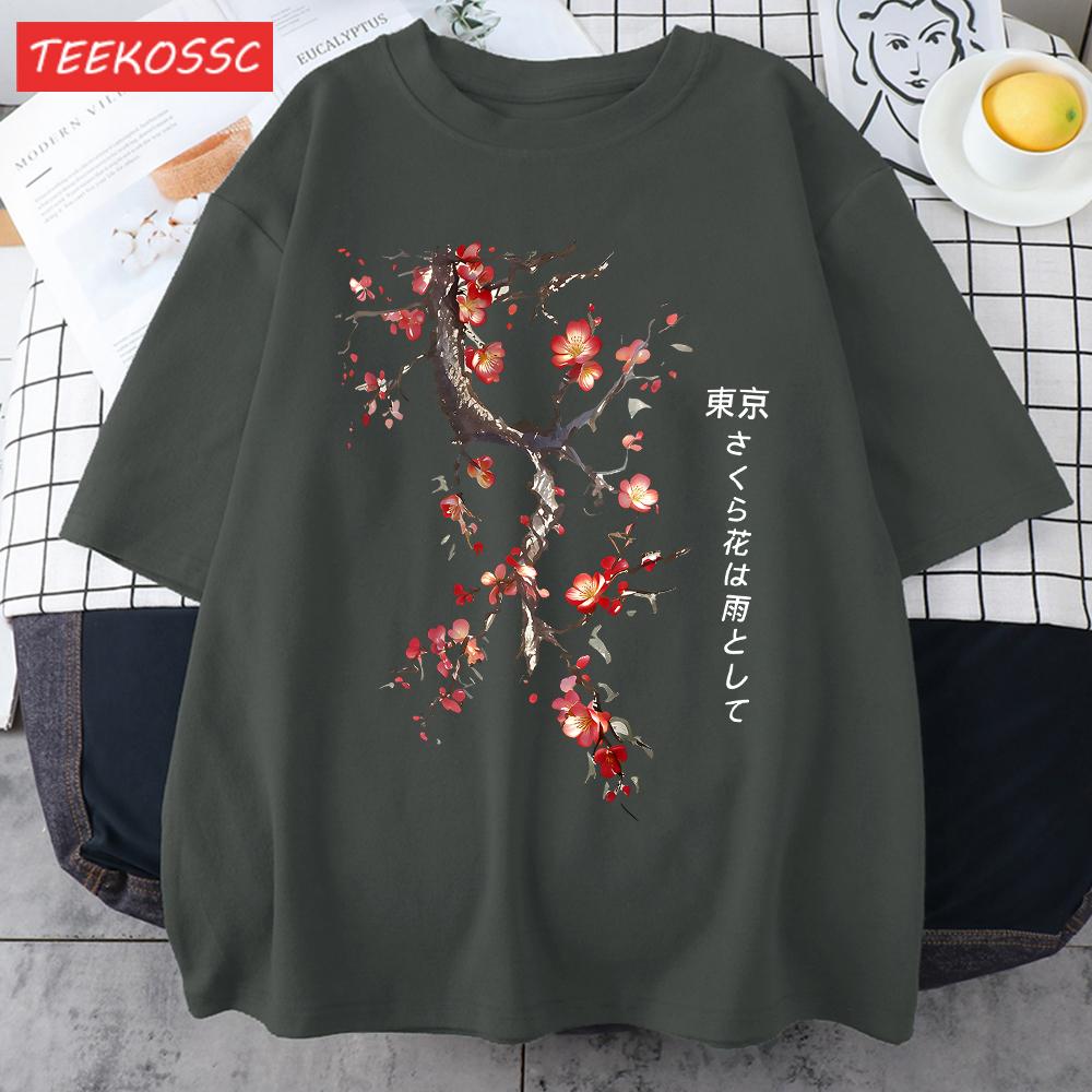 Cherry Blossoms And Rain In Tokyo Men Retro TShirt Casual Cotton Tee Loose Hip Hop Clothes Male ONeck Comfortable Short Sleeve