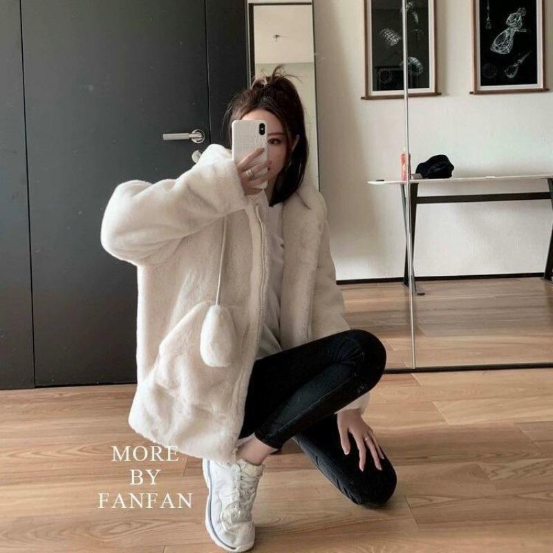 Autumn and Winter Coat Women's Hooded Rabbit Ears Hair Plush Imitation Cashmere Fur Coat Fleece Thickened Sweater Women