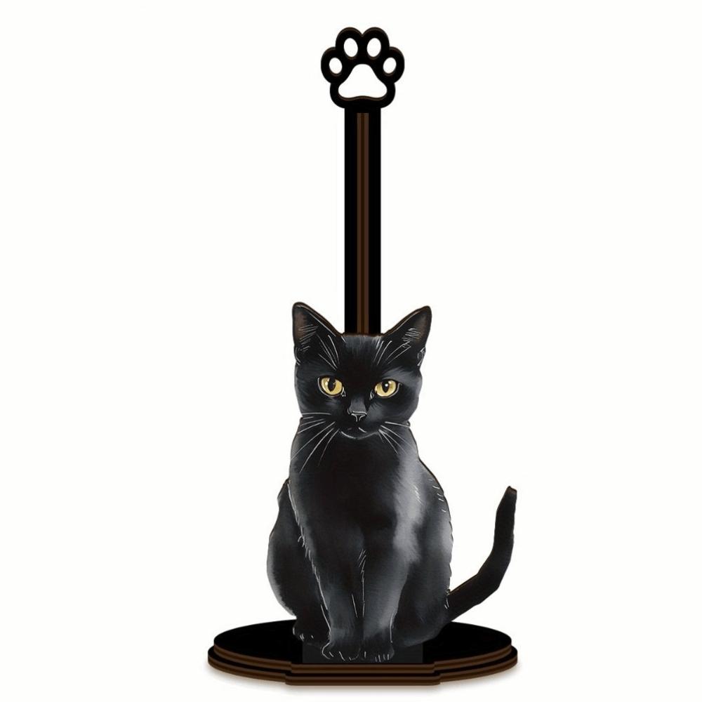 

Wooden Base Black Cat Tissue Holder Cute Food Wrap Storage Rack Bathroom Style 3