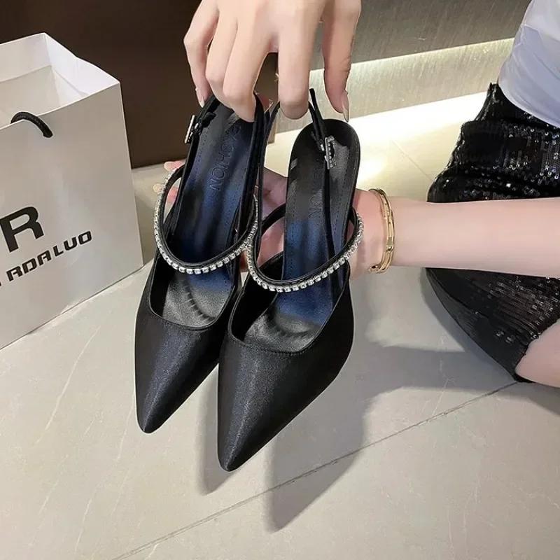 Shiny High Heels Slingback Silver Women Pumps Metallic Crystal Sandals Pointy Toe Stiletto Heeled Shoes Party Dress Zapatos