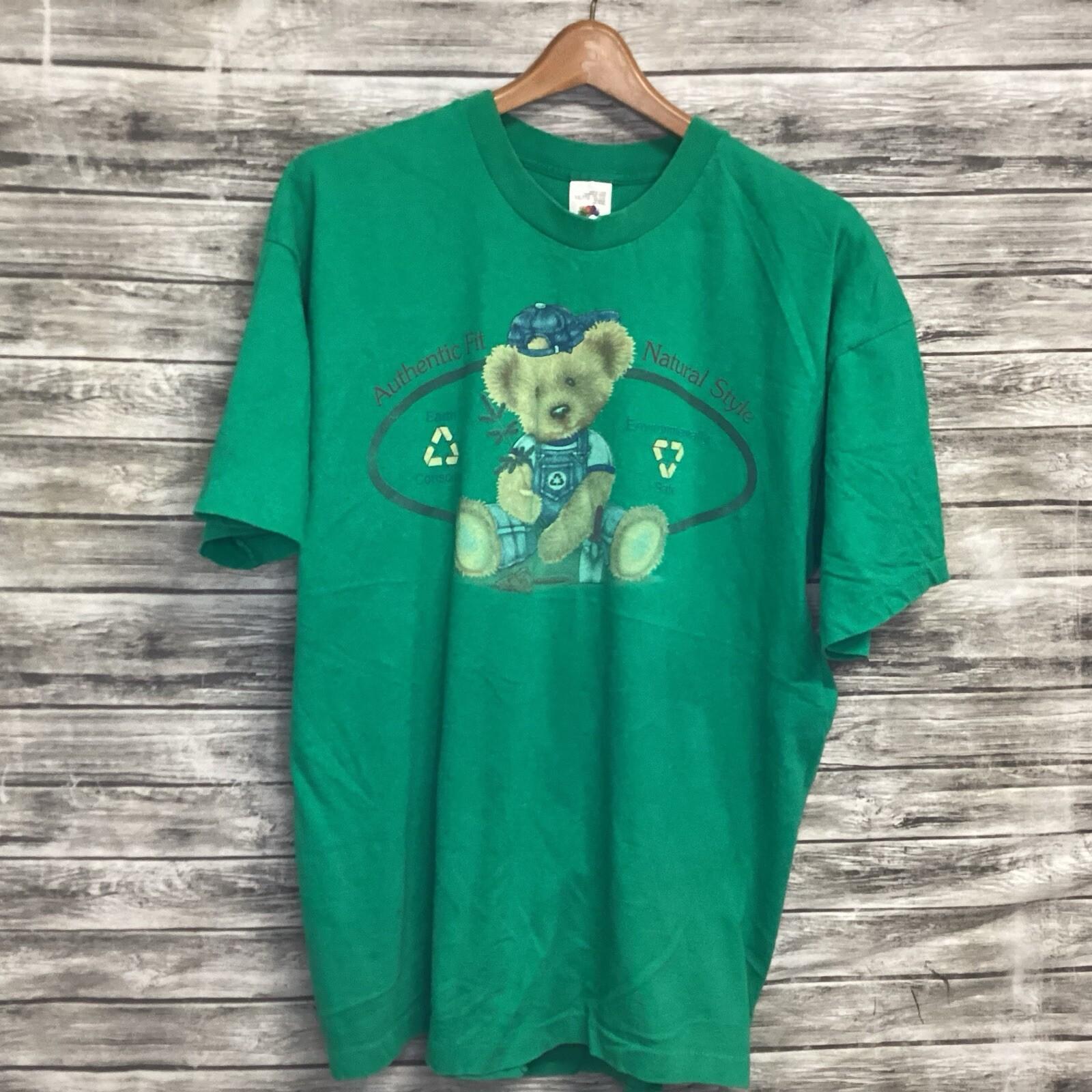 Vintage Teddy Bear Shirt Mens 2XL Green Earth Conscious Graphic Tee Nature 90s Unisex T-Shirt M