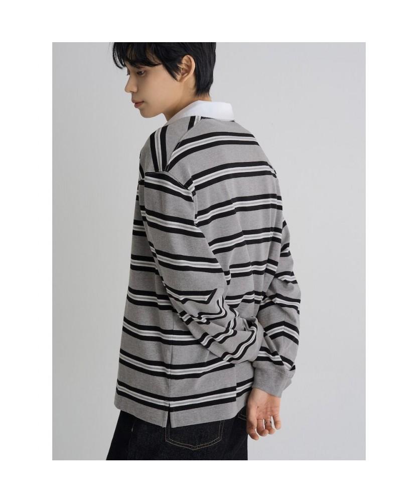 8SECONDS Heavy Cotton Collar Stripe Long Sleeve Tee Gray