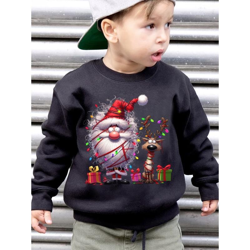 Christmas-Themed Boys' Autumn And Winter Stylish Fleece-Lined Round-Neck Sweatshirt Featuring a Cartoon Print of Santa Claus And Reindeer Trapped