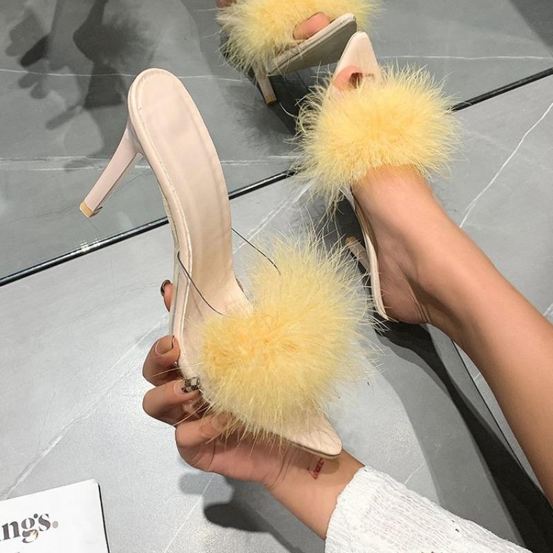 Summer New High Heels Sexy Slippers with Fine Heel Design and Hairy Decoration Cool Slippers with Daily Pointed Points Luxury