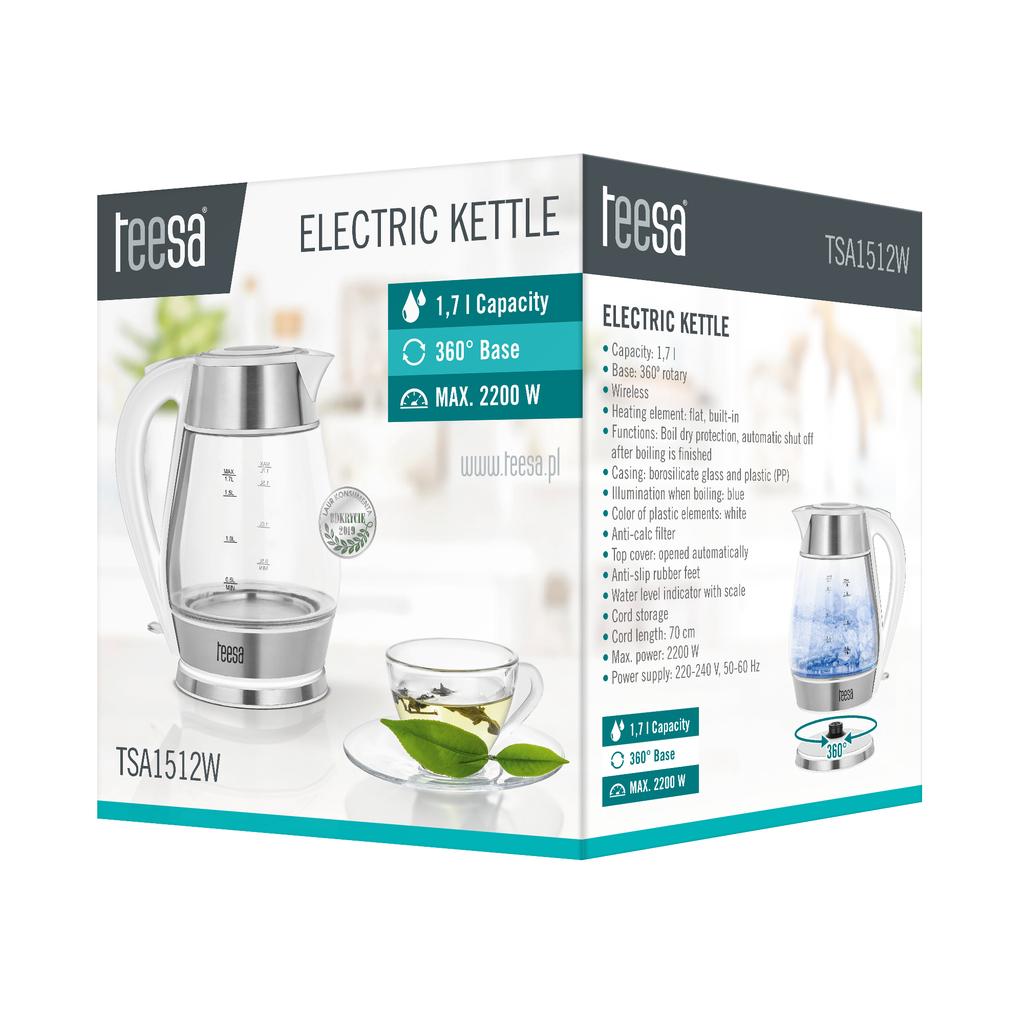 Teesa cordless electric kettle, glass, white, 2200W, 1.7L