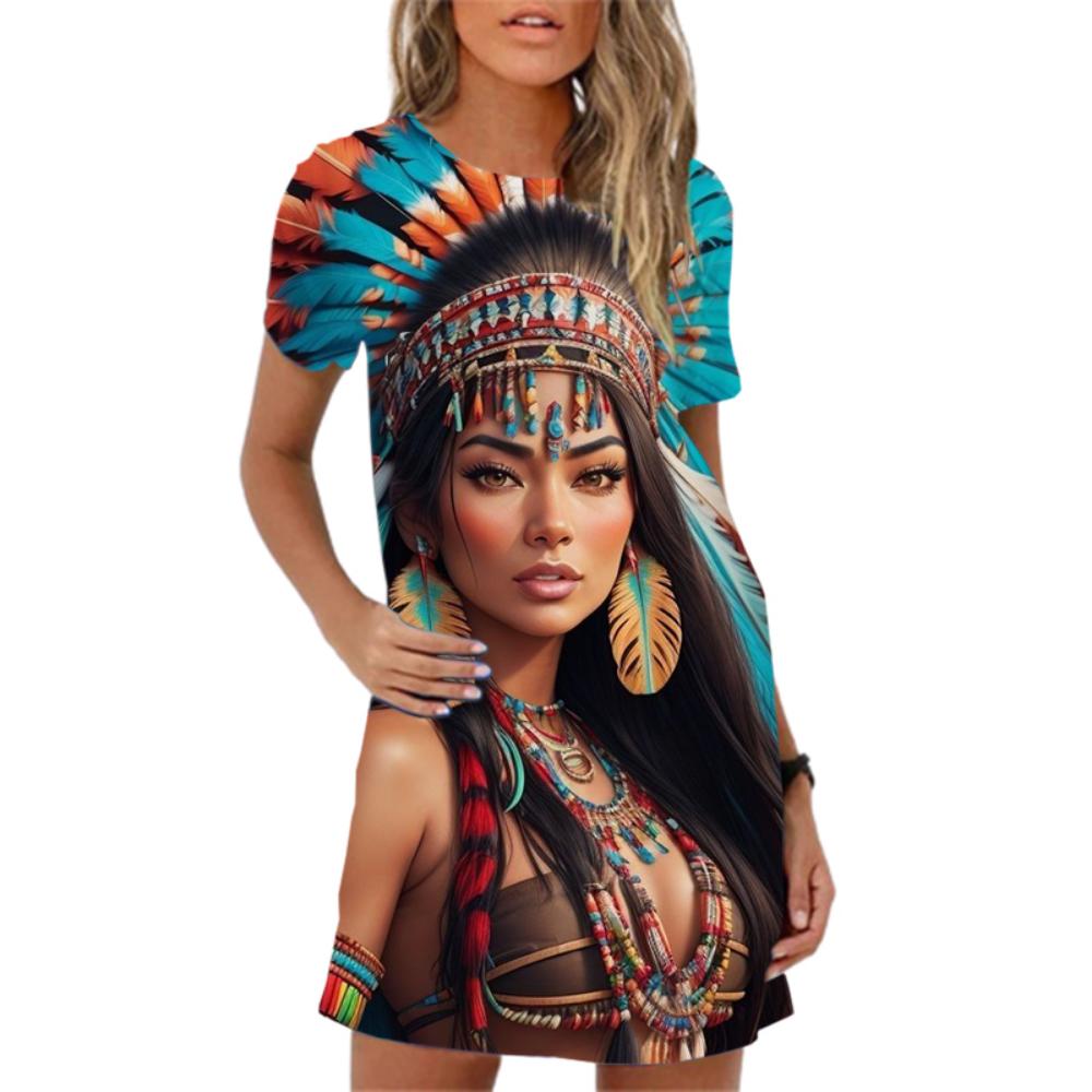 2026 New 3d Printed Short-sleeved Casual Dress Summer Clothing Women s Casual Round Neck Dress S