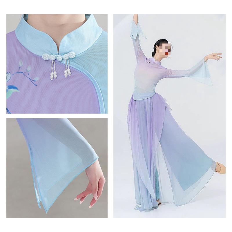 Purple Gradient Classical Dance Qipao Dress - Flowing Collar Performance Costume for Women
