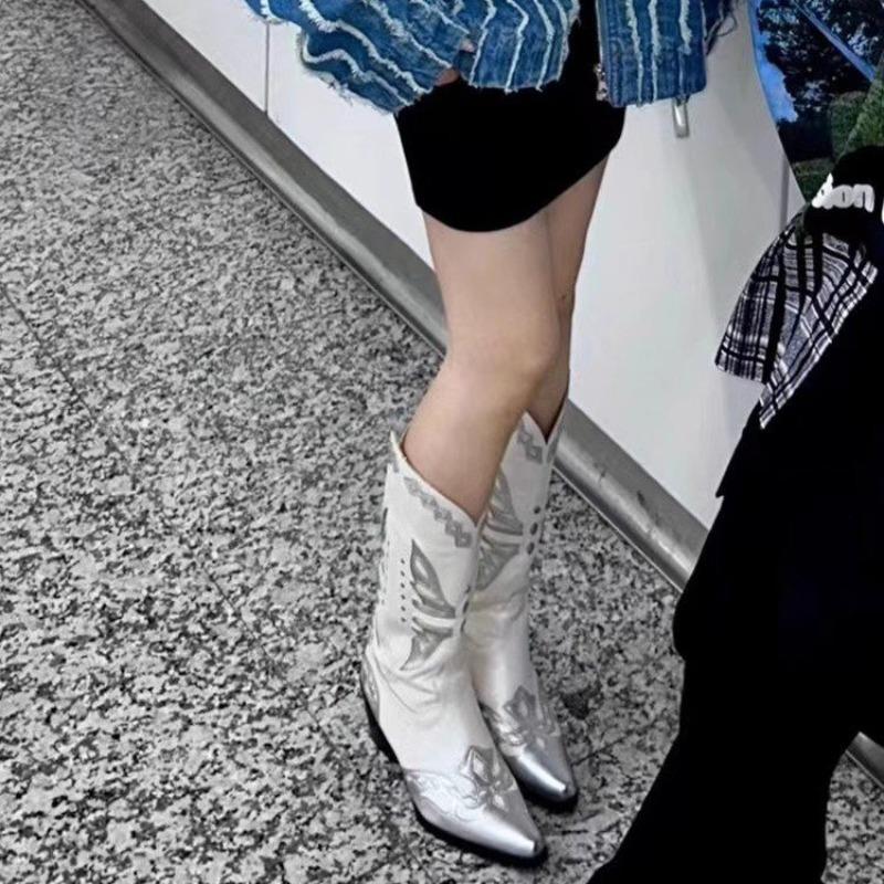 Fashion 2025 European and American New Block Heel Pointed Toe Embroidered No Knee High Heel Fashion Boots for Women