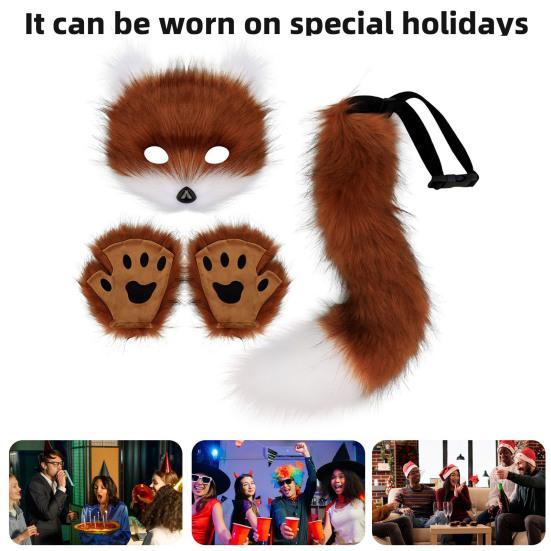 Furry Therian Kostýmová sada pro dívky ženy ocas z umělé kožešiny plyšová maska nadýchané tlapkové rukavice sada liška kočka vlk zvíře cosplay doplňky