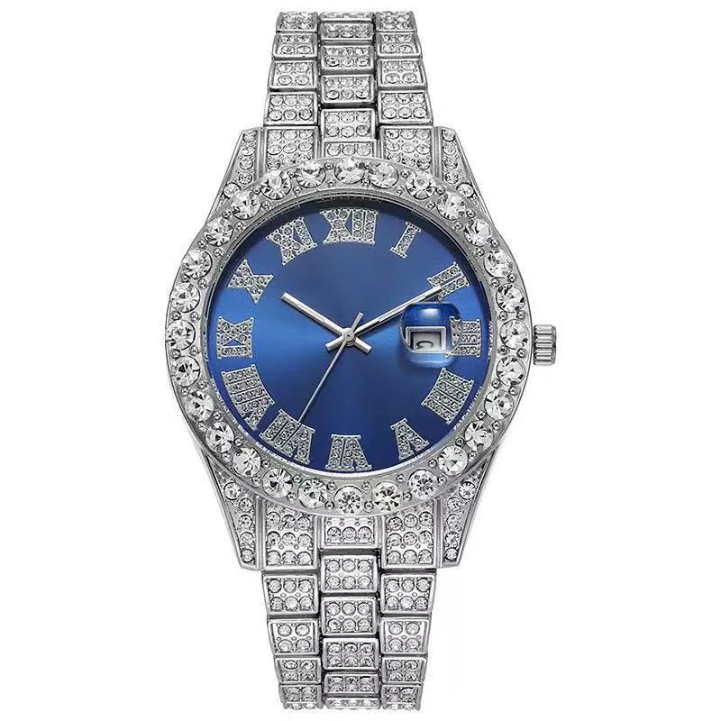 European and American Men's Watches, Steel Belt Diamond-encrusted Calendar Quartz Watches, High-end Roman Scale Business Leisure Watches
