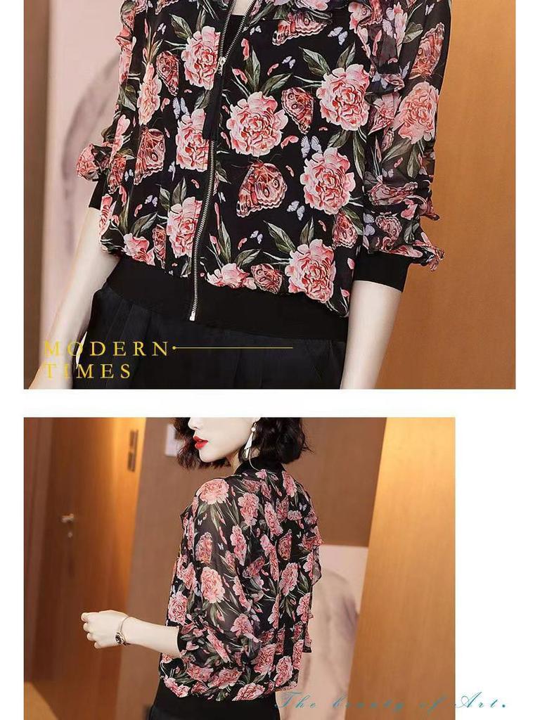 2025 Summer Plus Size Chiffon Cardigan - Women's Printed Long Sleeve Sun Protection Jacket for Middle-aged Moms