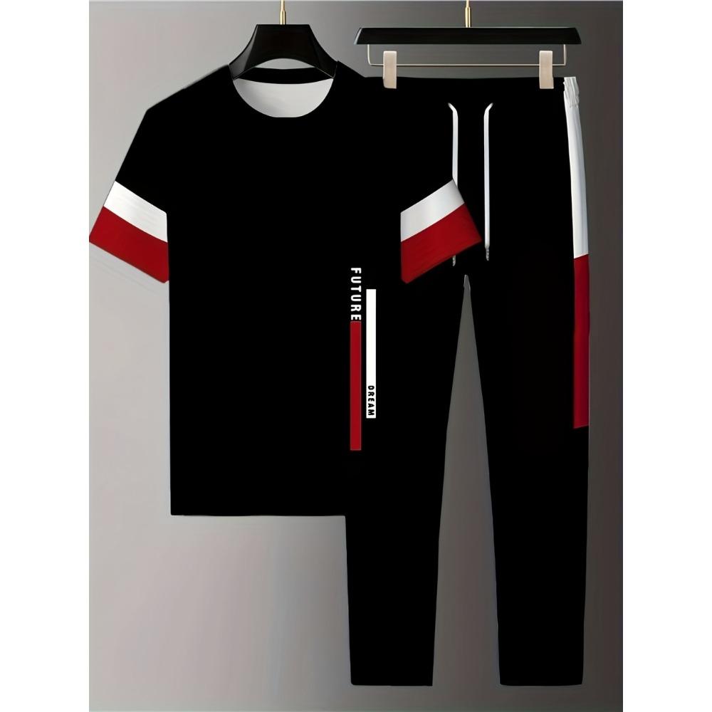Men's Summer Striped Letter Print Refreshing and Breathable Round Neck T-shirt Pants Set Outdoor Casual Clothing