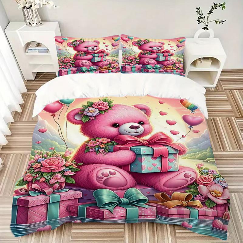 3pcs Pink Teddy Bear Bedding Set - Includes One Quilt Cover and Two Pillowcases (No Core) - Anime Cartoon Design, Perfect for Bedroom and Gu