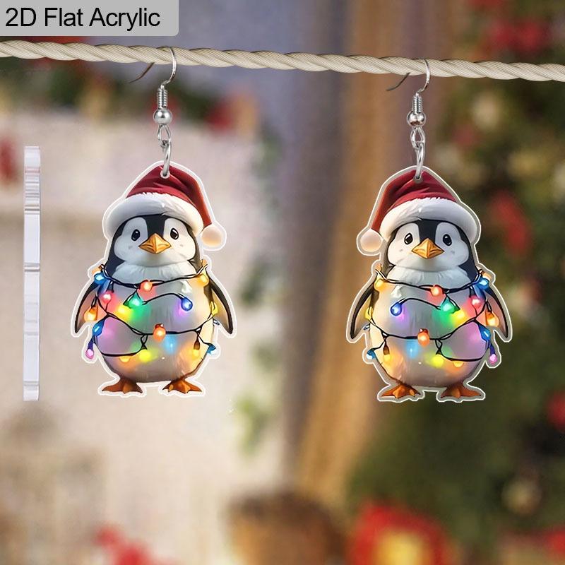 2D Flat Cartoon Penguin Light Bulb Santa Hat Acrylic Dangling Hook Christmas Earrings for Women Lightweight Statement Funny Animal Dangle Drop Earring