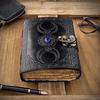 Leather Journal Lapis Stone Crystal Black Triple Moon Book Of Shadows, Deckle Edge Paper Sketchbook, Grimoire, Blank Spell Book, Sacred Geometry