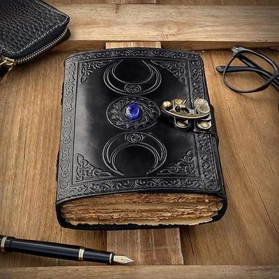 Leather Journal Lapis Stone Crystal Black Triple Moon Book Of Shadows, Deckle Edge Paper Sketchbook, Grimoire, Blank Spell Book, Sacred Geometry