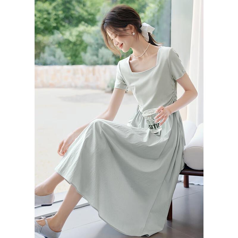 Women s Square Neck Drawstring Waist A-Line Midi Dress L