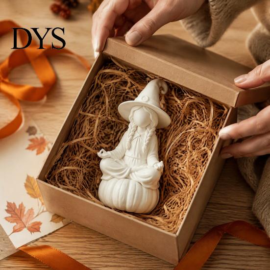 DIY Hand Painted Crafts 3D Printed Meditating Witch Figurine on Pumpkin Base, Minimalist Nordic Style Desk Decorations Halloween Autumn Desktop