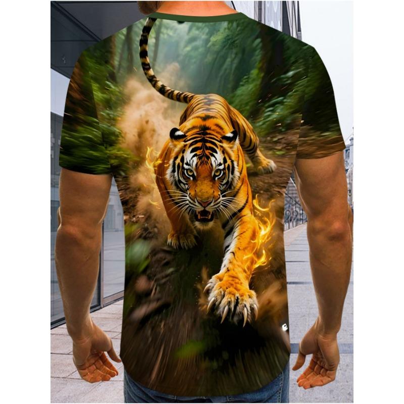 Men's Running Tiger 3D Printed T-Shirt Casual Short Sleeve Crewneck Top Cool Golden Flame Animal Graphic Tee Trendy Summer Jungle Streetwear Clothes
