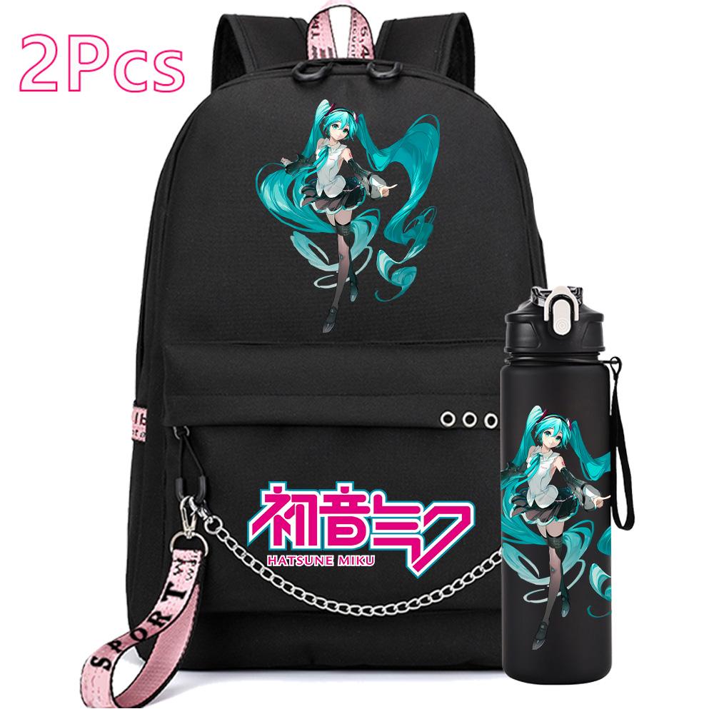2 Pezzi/set Zaino Stampato Anime Hatsune Miku con Borraccia da 750Ml per Ragazza Ragazzo Adolescente Grande Capacità Impermeabile Borsa per Libri Regalo